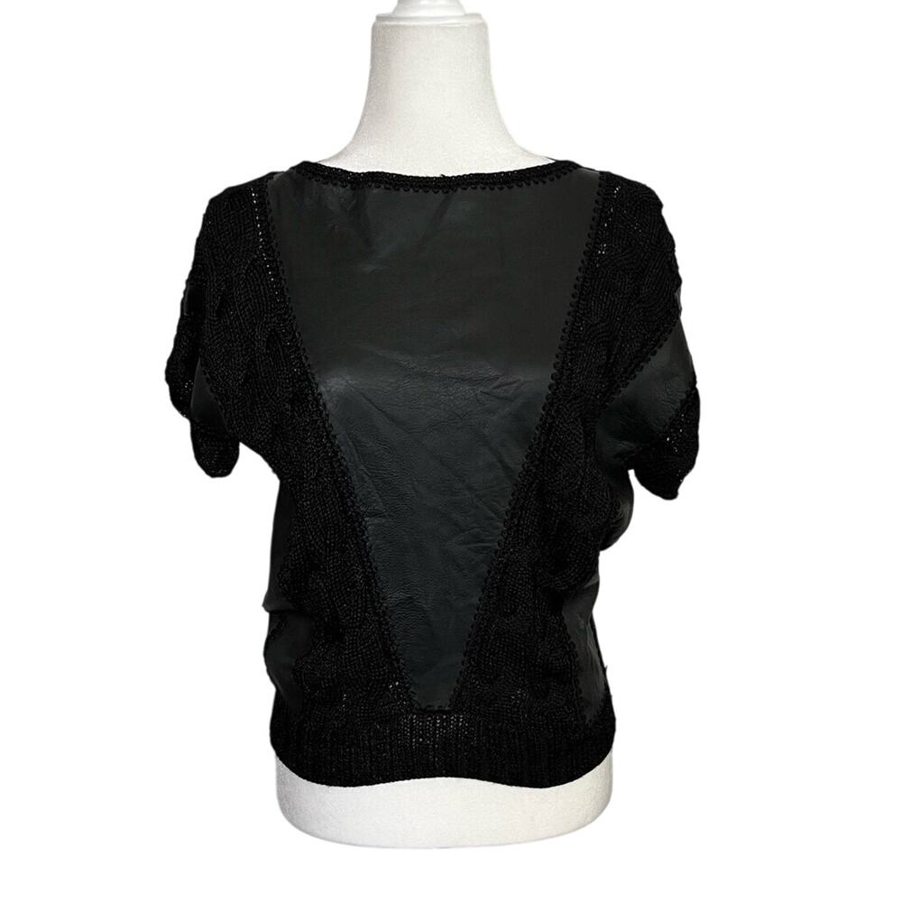 Leather Knit Crochet Patchwork Sweater Top Womens Medium